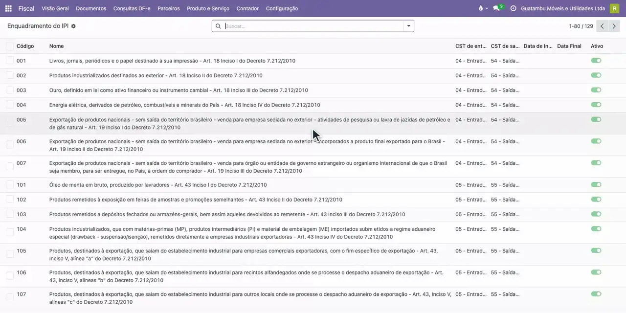 Abra o menu Configuração e escolha Enquadramento do IPI.