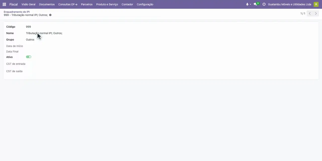 Pesquise 999, abra o enquadramento e confira Tributação normal IPI; Outros;.