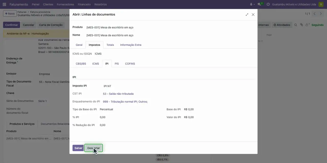 Na fatura da Canjerana, em Detalhes Fiscais, abra o item: em Impostos, IPI, o imposto é IPI NT e o CST é 53.