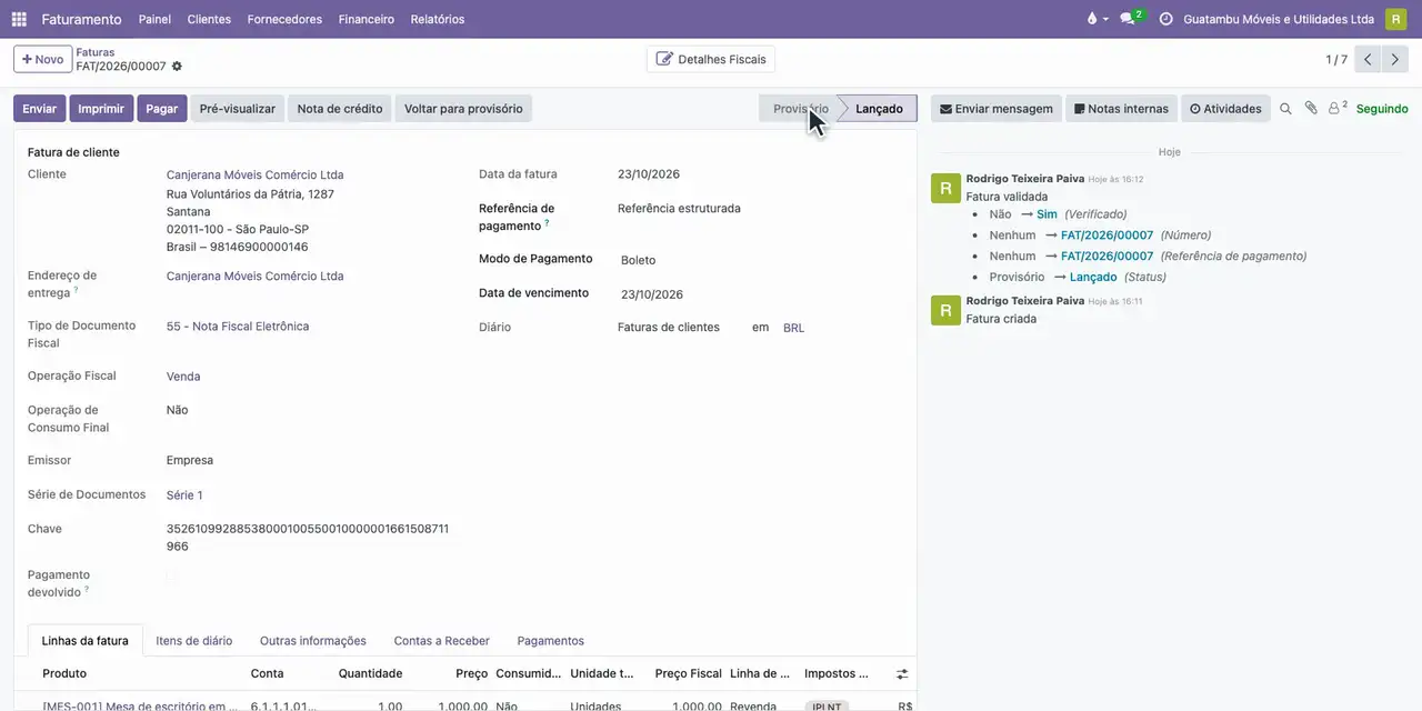 Clique em Confirmar: o Odoo gera e assina o XML.