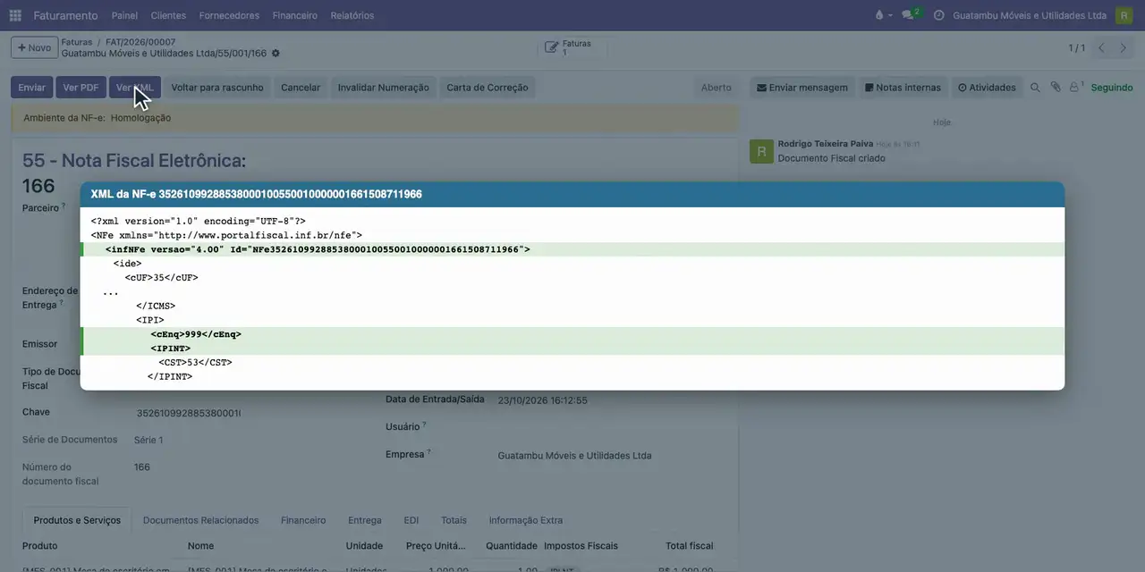 Clique em Detalhes Fiscais e em Ver XML: grupo IPINT com CST 53 e enquadramento 999.
