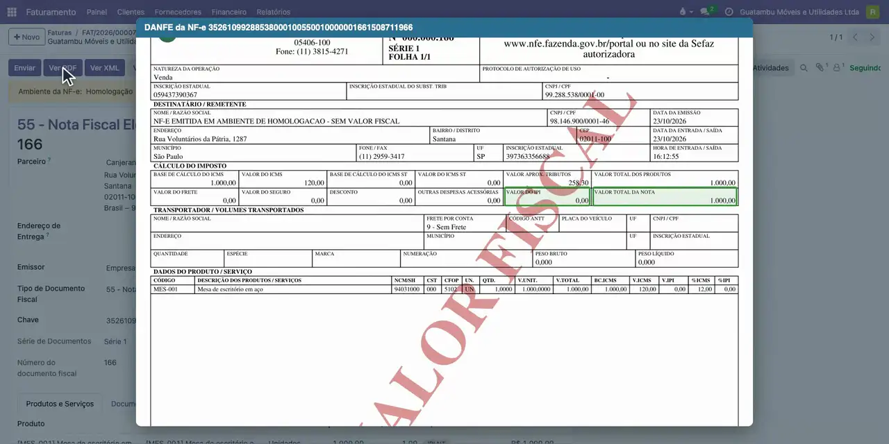 Clique em Ver PDF: o DANFE mostra o valor do IPI zerado.