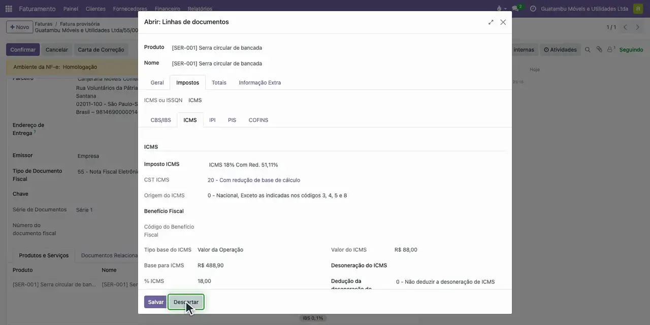 Clique em Detalhes Fiscais e abra o item em Produtos e Serviços: em Impostos, ICMS com CST 20, base reduzida de 488,90 e ICMS de 88,00.