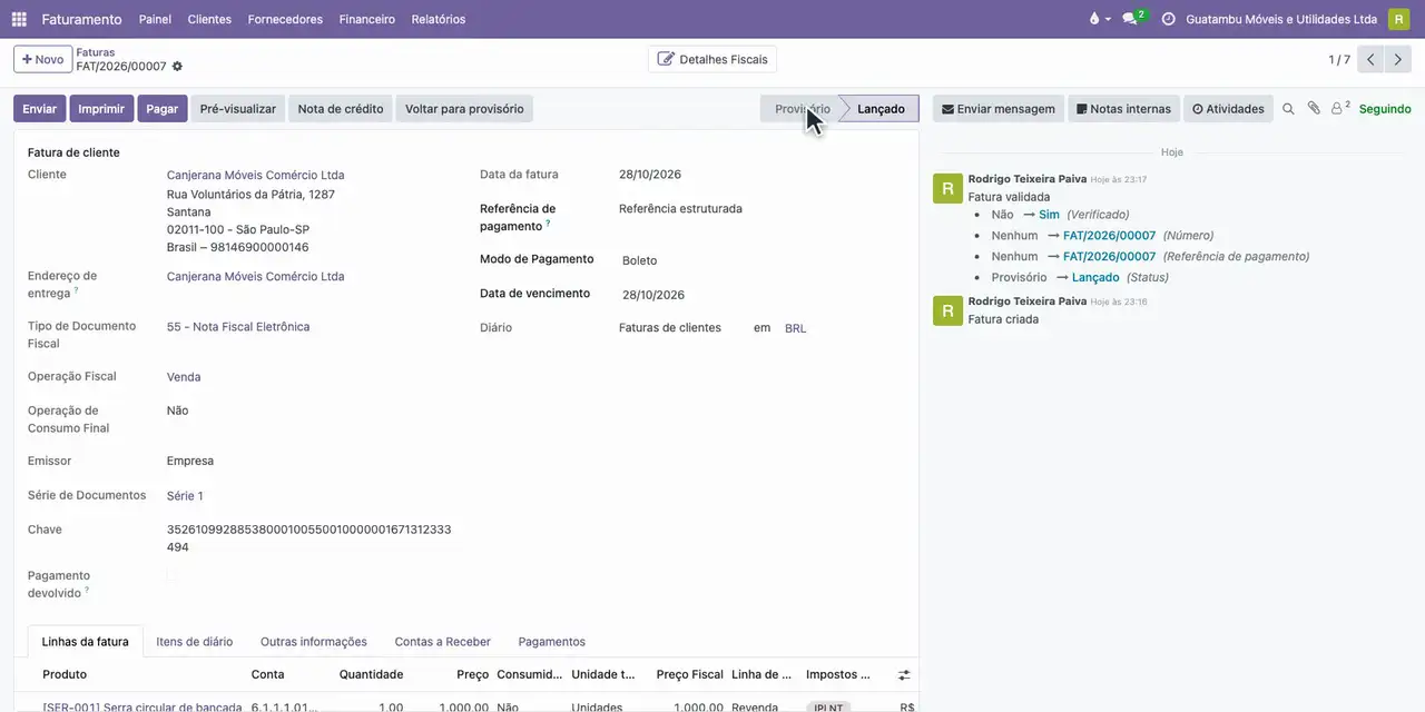 Volte à fatura, em Faturamento, Clientes, Faturas, e clique em Confirmar: o Odoo gera e assina o XML.