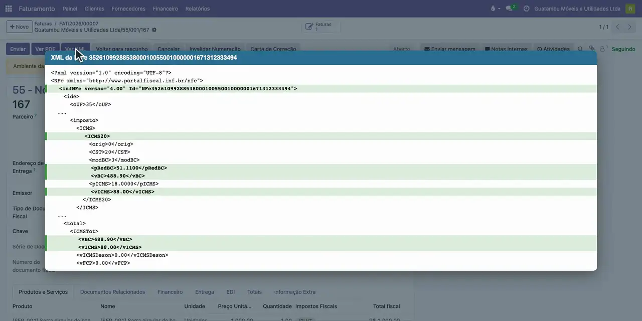 Clique em Detalhes Fiscais e em Ver XML: ICMS20 com redução de 51,11%, base de 488,90 e ICMS de 88,00.