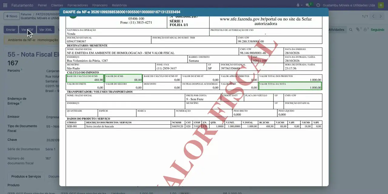 Clique em Ver PDF: o DANFE traz a base de 488,90 e o ICMS de 88,00.