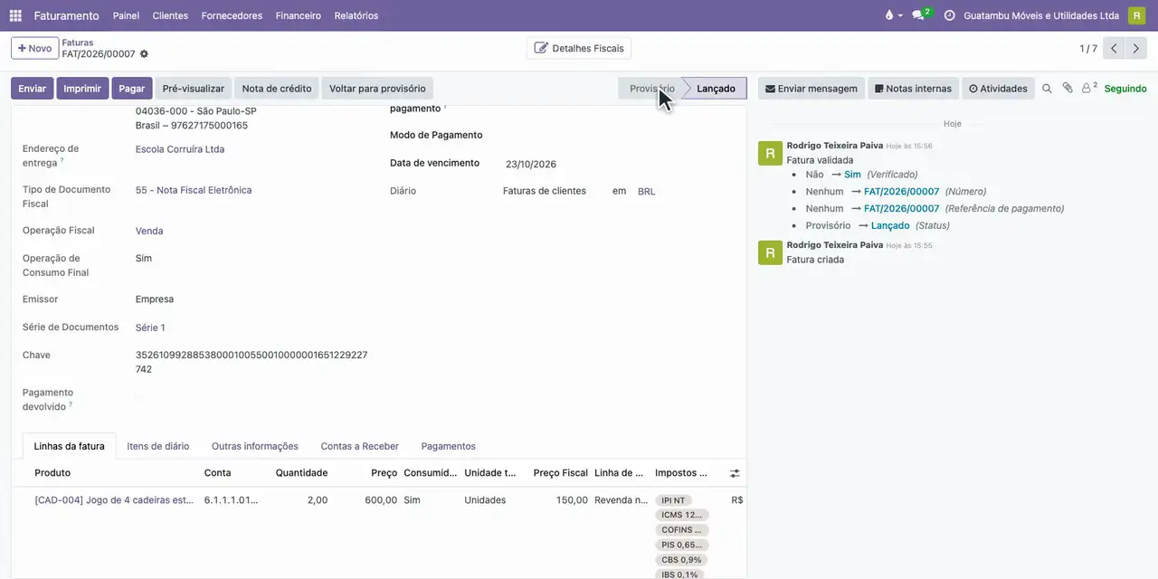 Clique em Confirmar: o Odoo gera e assina o XML.