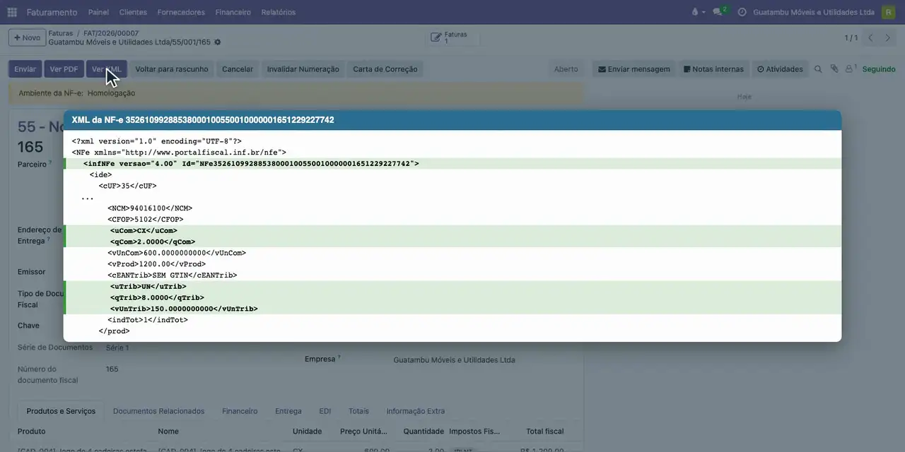 Clique em Detalhes Fiscais e em Ver XML: 2 CX na unidade comercial e 8 UN a 150,00 na unidade tributável.