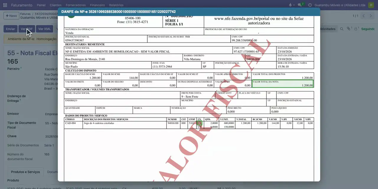 Clique em Ver PDF: o DANFE traz o item em CX com o total de 1.200,00.