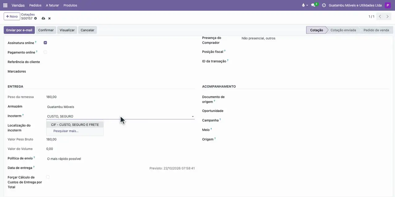 Escolha o Método de Entrega da Pau-Ferro e, em Outras informações, o Incoterm CIF e a opção Forçar Cálculo de Custos de Entrega por Total.