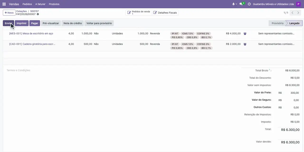 Clique em Detalhes Fiscais e, na aba Totais, confira o Valor do Frete de 300,00.