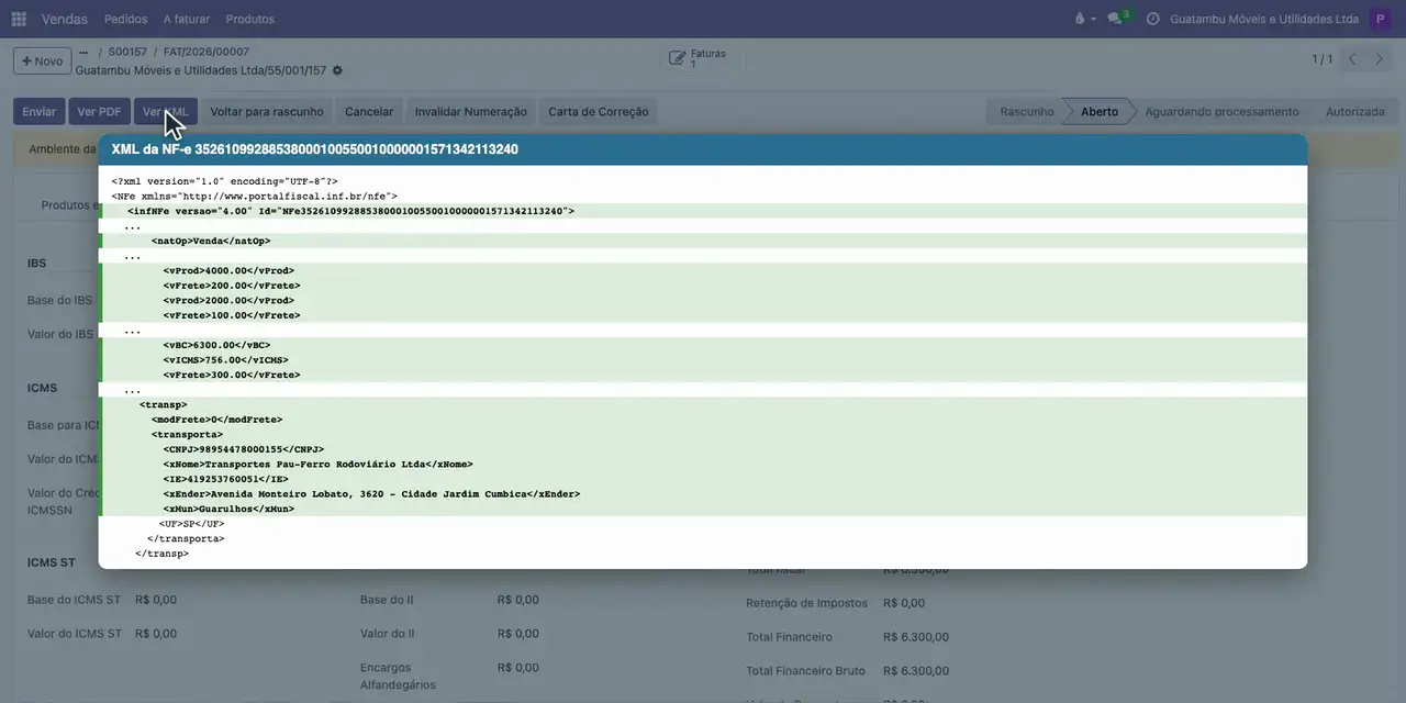 Clique em Ver XML: a natureza da operação, o frete de cada item (200,00 e 100,00), a base do ICMS de 6.300,00, o ICMS de 756,00 e a modalidade de frete 0 conferem com a nota.