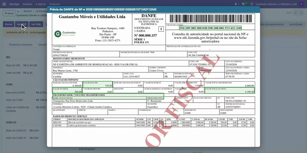 Clique em Ver PDF: o DANFE traz o valor do frete de 300,00, o ICMS de 756,00 e o total de 6.300,00.