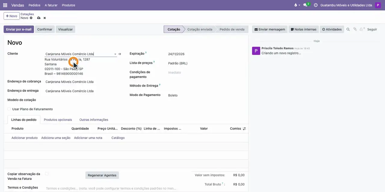 Abra o aplicativo Vendas e clique em Novo para criar uma cotação.