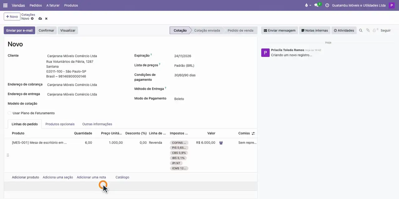 Clique em Adicionar produto e informe a mesa de escritório, 6 unidades e o preço de 1.000,00.