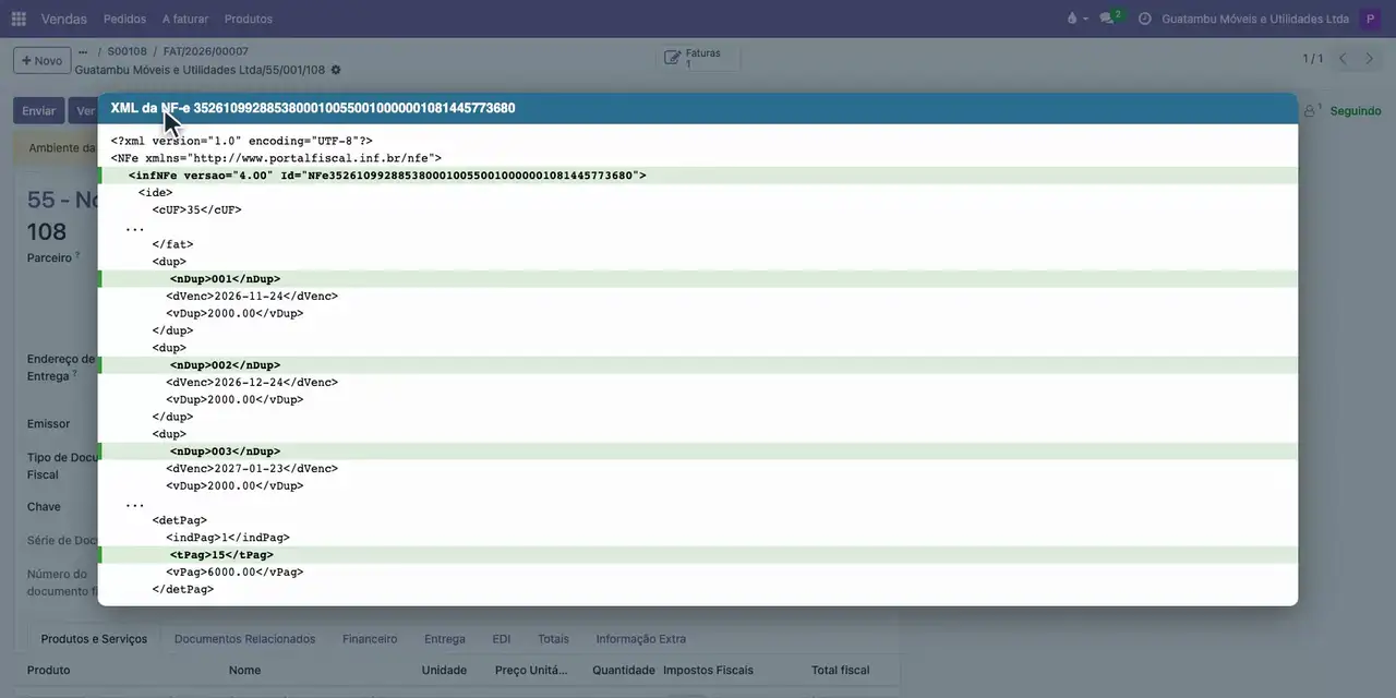 Antes de transmitir, confira no XML as três duplicatas de 2.000,00 e o pagamento a prazo por boleto.