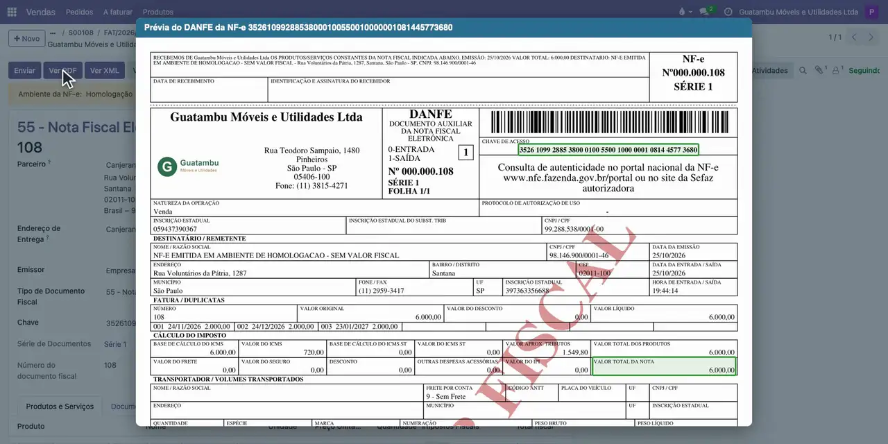 Confira a prévia do DANFE: as três parcelas em Fatura / Duplicatas e o total de 6.000,00.
