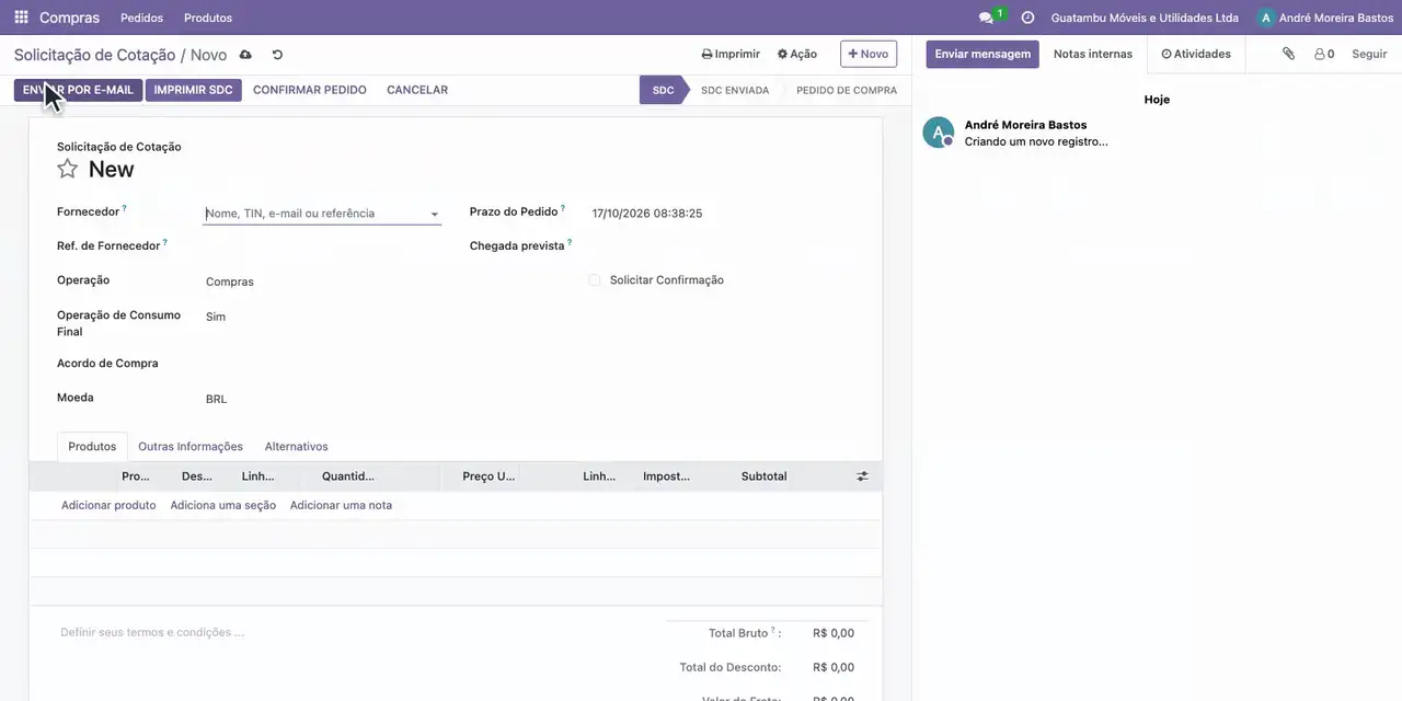 Clique em Novo para criar uma solicitação de cotação.