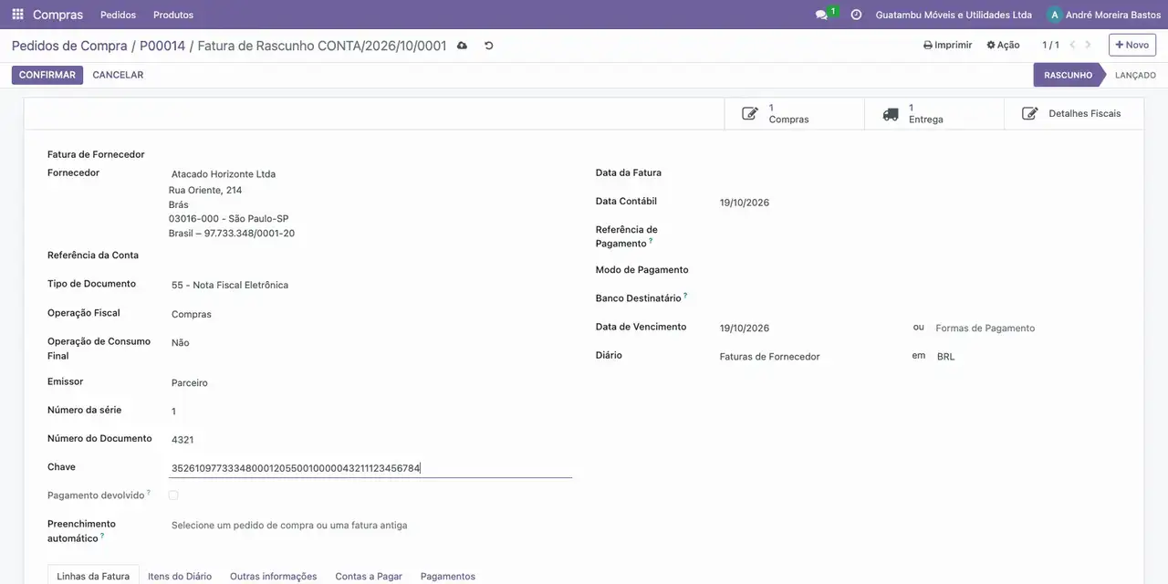 Na fatura, informe a série 1, o Número do Documento e a Chave de Acesso da NF-e do fornecedor.