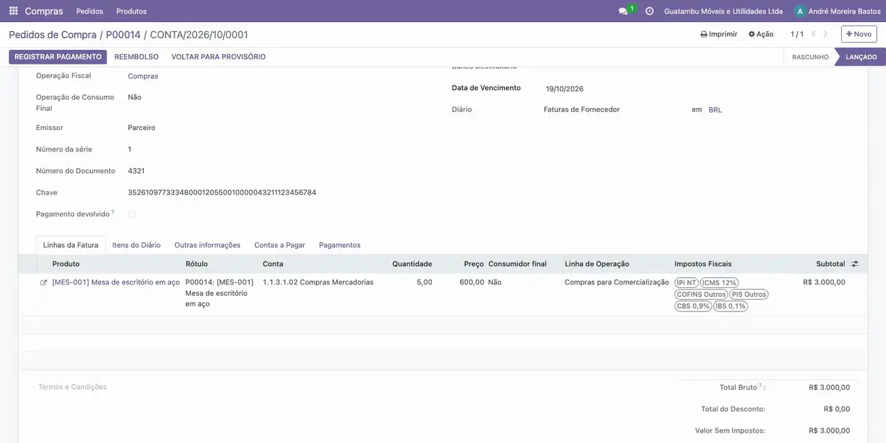 Confira o total de 3.000,00 e clique em Confirmar para lançar a fatura.