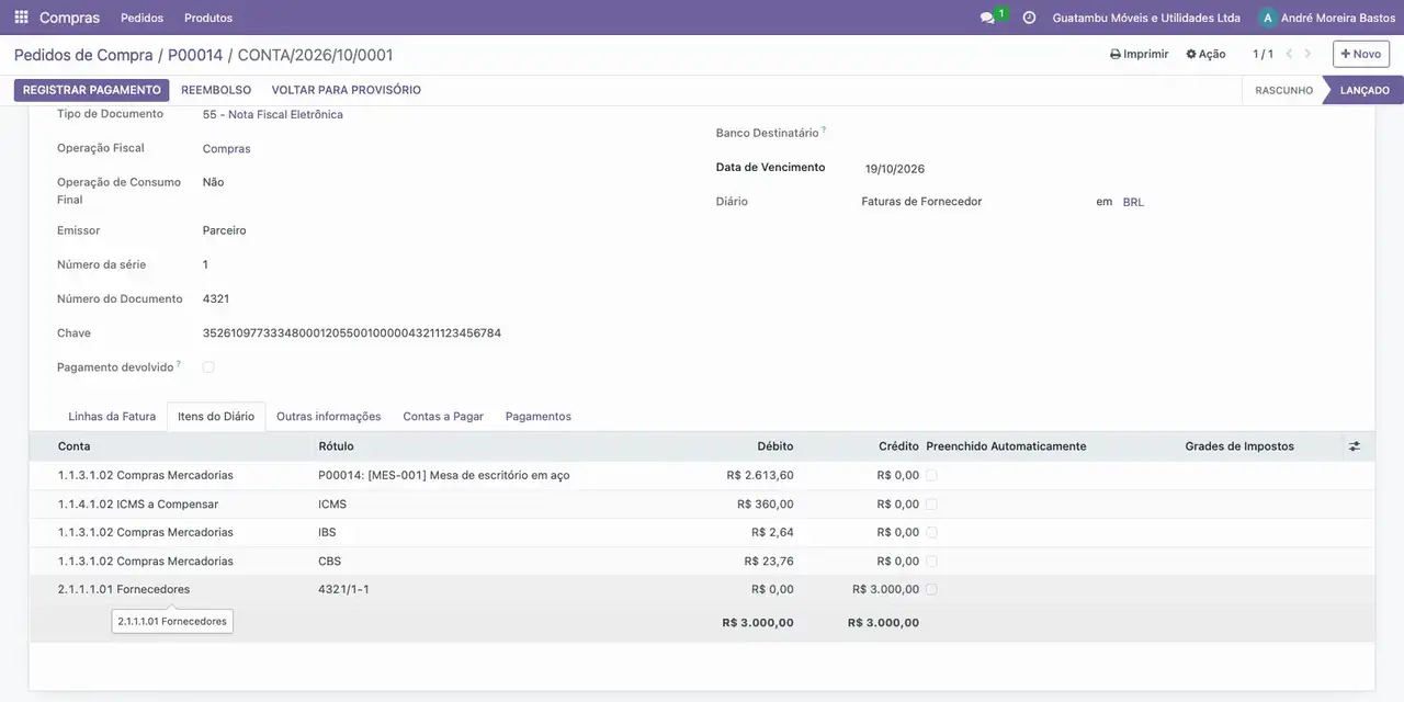 Na aba Itens do Diário, confira o ICMS a Compensar de 360,00 e o total a pagar de 3.000,00 em Fornecedores.