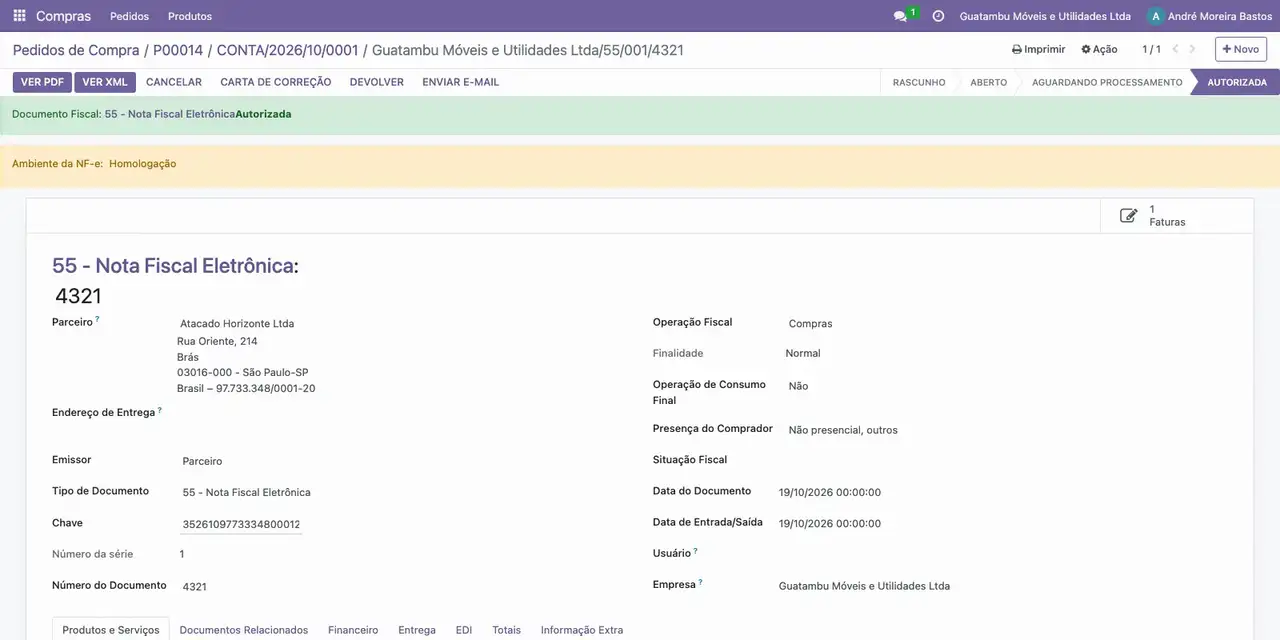 Clique em Detalhes Fiscais: a NF-e de entrada está registrada com a chave de acesso do fornecedor.