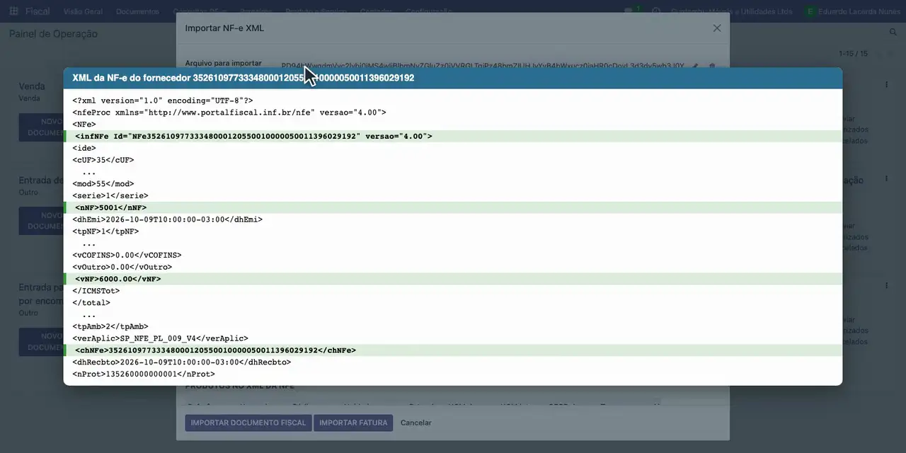 Confira no XML escolhido a chave de acesso, o número e o total de 6.000,00 da nota.