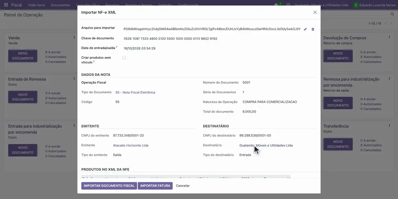 Confira a chave de acesso, o emitente e o destinatário lidos do XML.