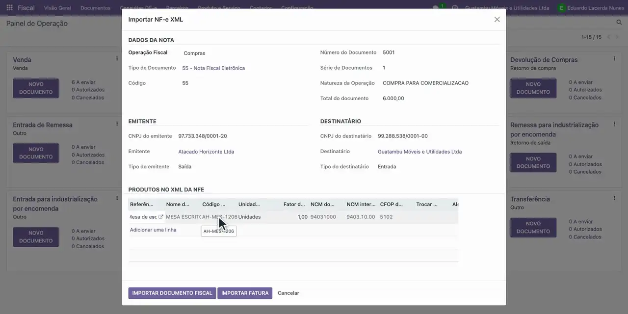 Na lista de produtos do XML, escolha a mesa de escritório em aço para o item AH-MES-1206.