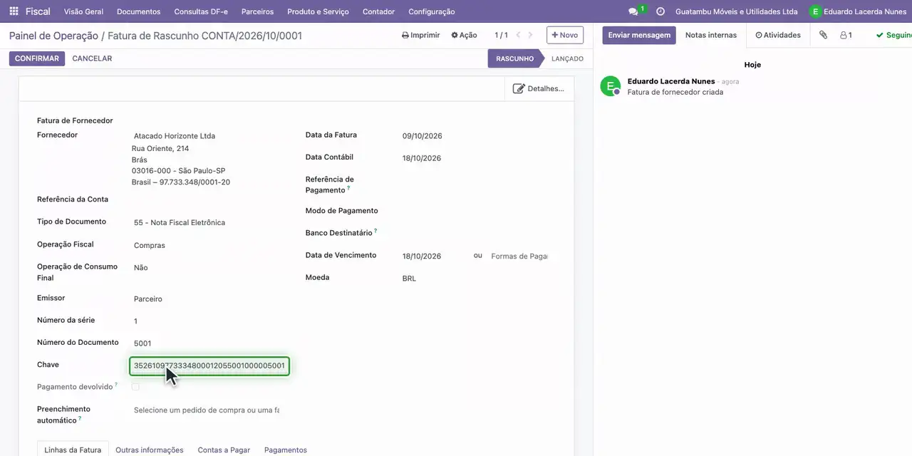 Confira o número do documento, a série e a chave de acesso preenchidos pelo XML.