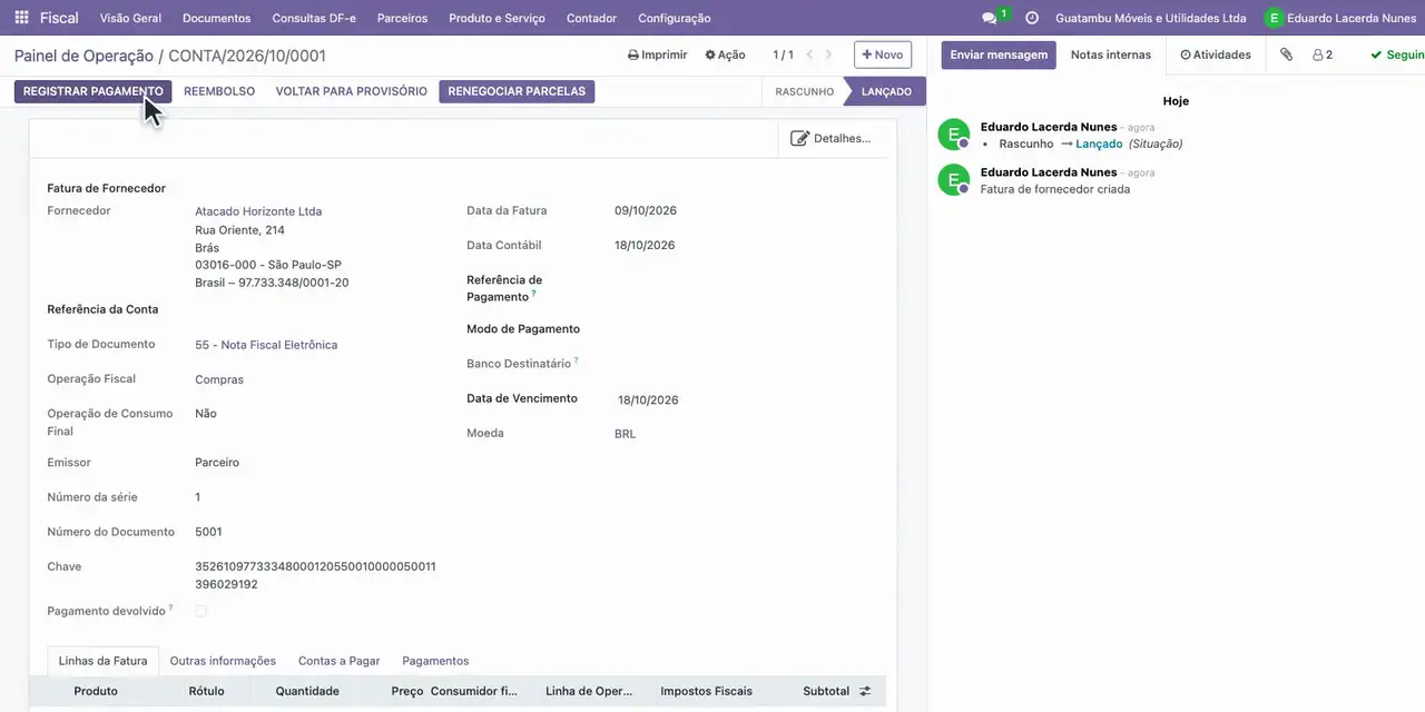 Confira o total de 6.000,00 e clique em Confirmar para lançar a fatura.