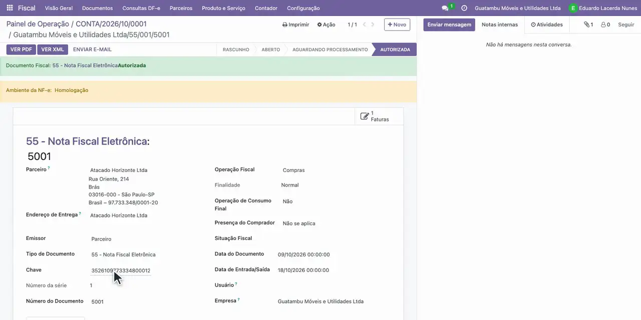 Clique em Detalhes Fiscais: o documento de entrada traz a mesma chave de acesso.