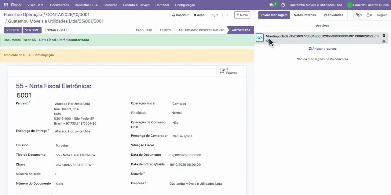 Clique no ícone de anexos: o XML original do fornecedor ficou guardado no documento.