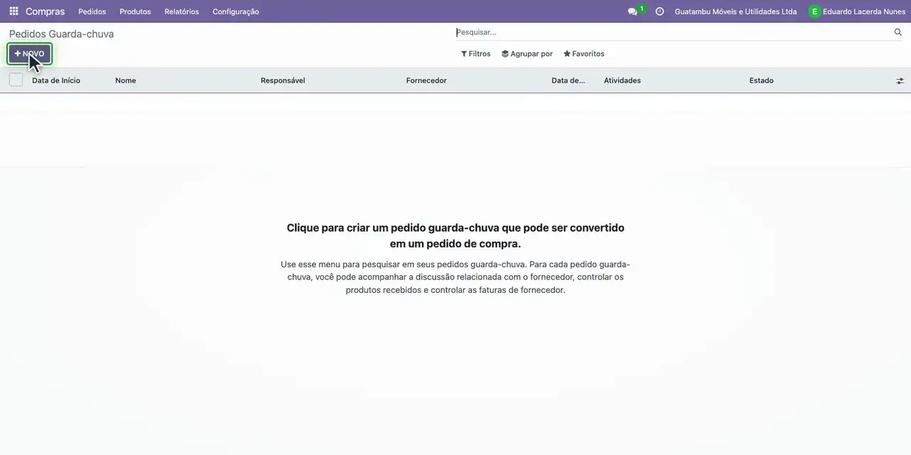 Clique em Novo para criar o contrato.