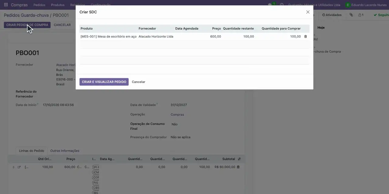 Clique em Criar pedido de compra para fazer a primeira entrega.
