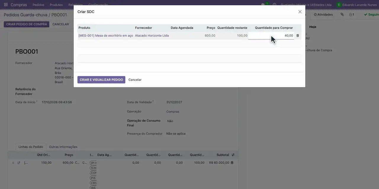 Na janela, troque a Quantidade para Comprar para 40.