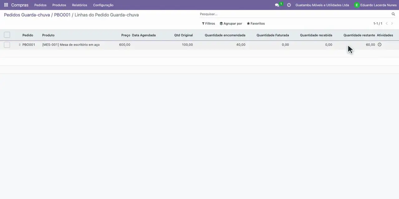 Abra o pedido criado e clique em Confirmar pedido: o saldo do contrato cai para 60.