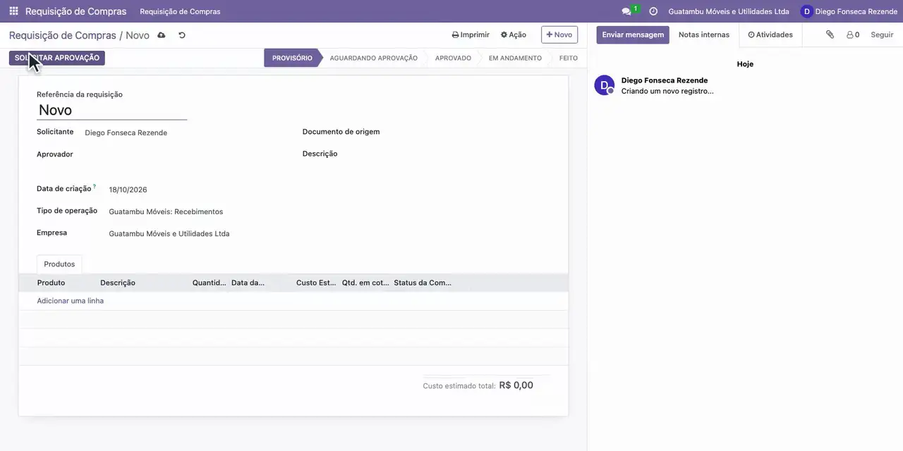Clique em Novo para abrir uma requisição de compra (pedido interno).