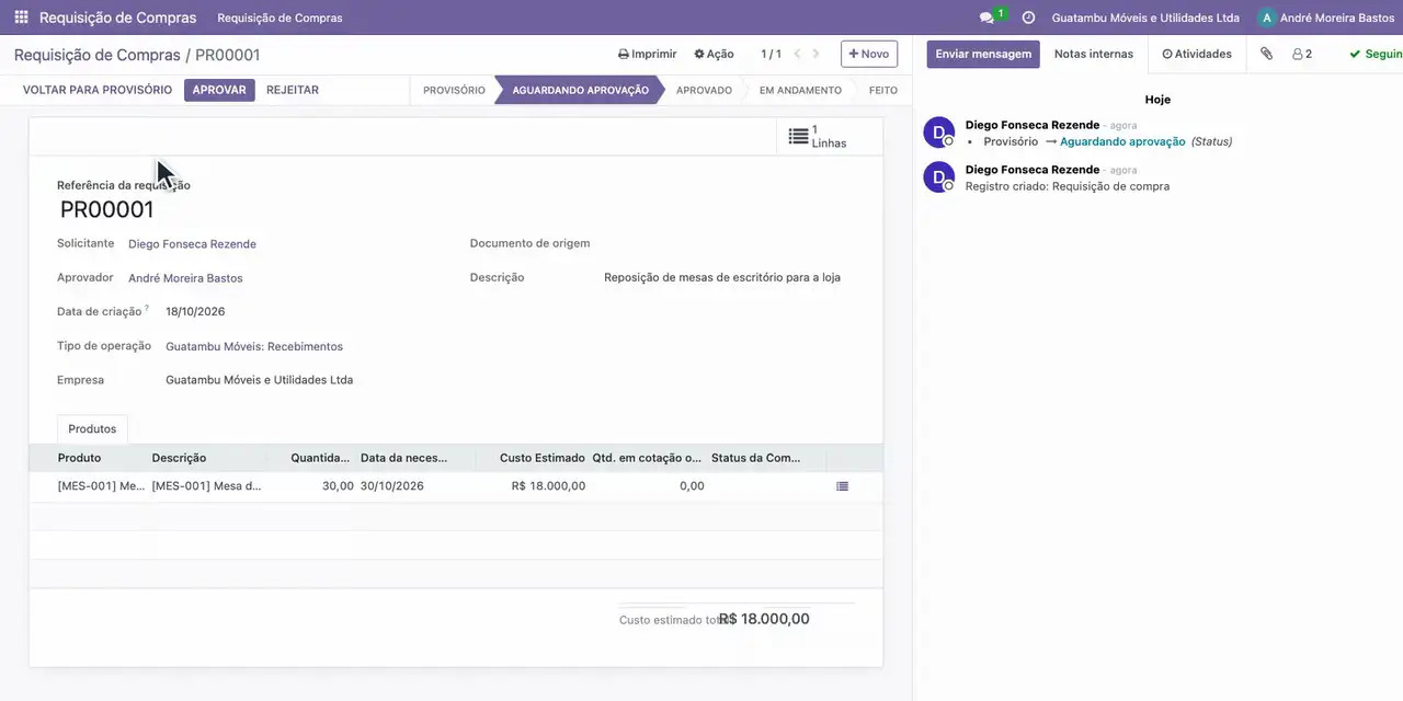 Abra a requisição enviada pela logística.