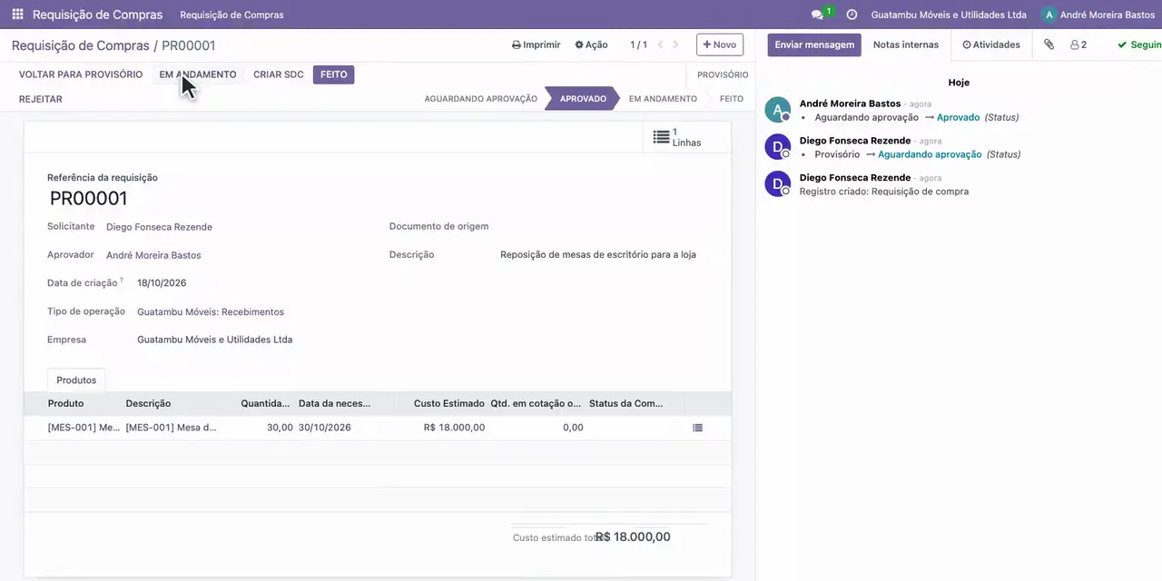 Clique em Aprovar: a requisição passa para Aprovado.