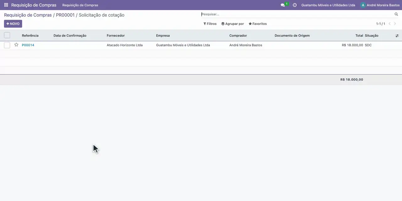 Clique em Criar SDC: a cotação ao Atacado Horizonte aparece com 18.000,00.