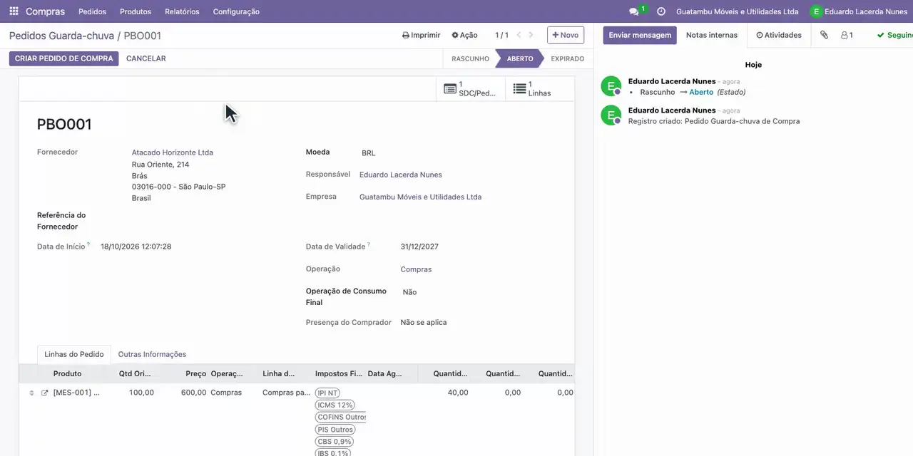 Abra o aplicativo Compras, em Pedidos Guarda-chuva, e abra o contrato do Atacado Horizonte.