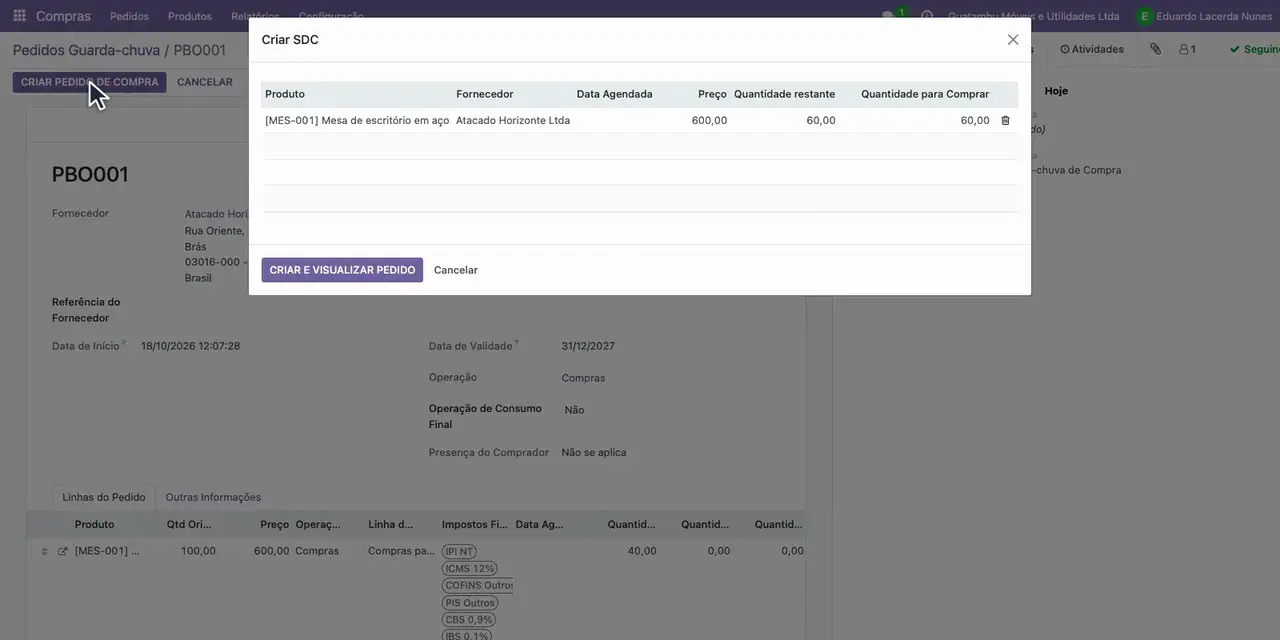 Clique em Criar pedido de compra para fazer a segunda entrega.