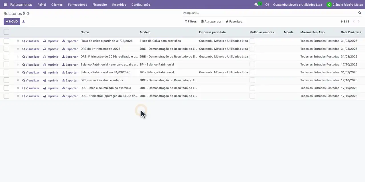 Abra o menu Relatórios e escolha Relatórios SIG.