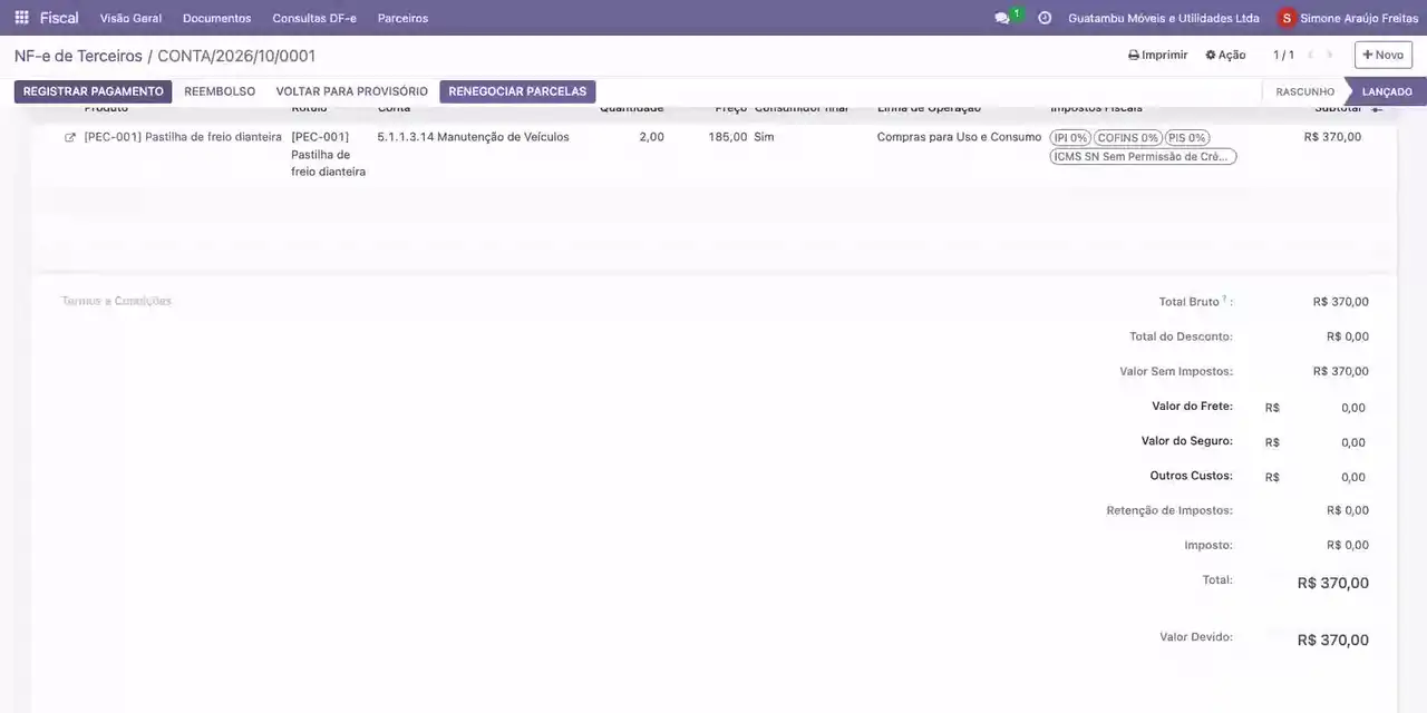 Clique em Confirmar: a fatura de 370,00 fica Lançada.