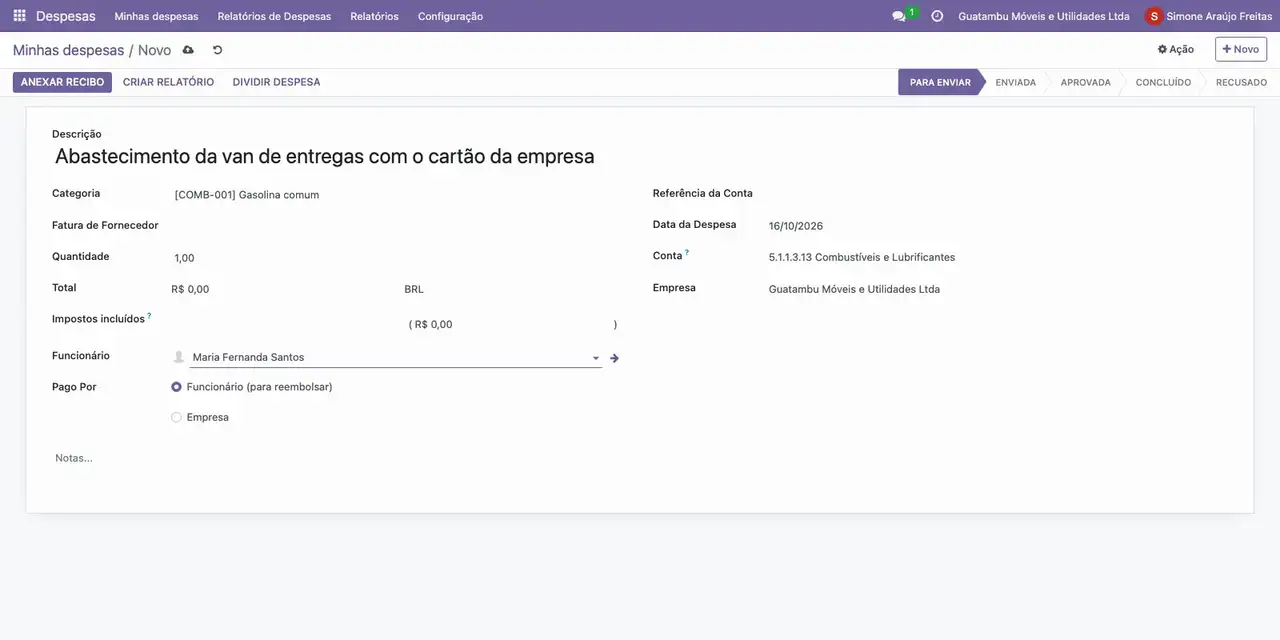 Em Despesas, clique em Novo e informe a descrição, a categoria Gasolina comum e a funcionária Maria Fernanda Santos.