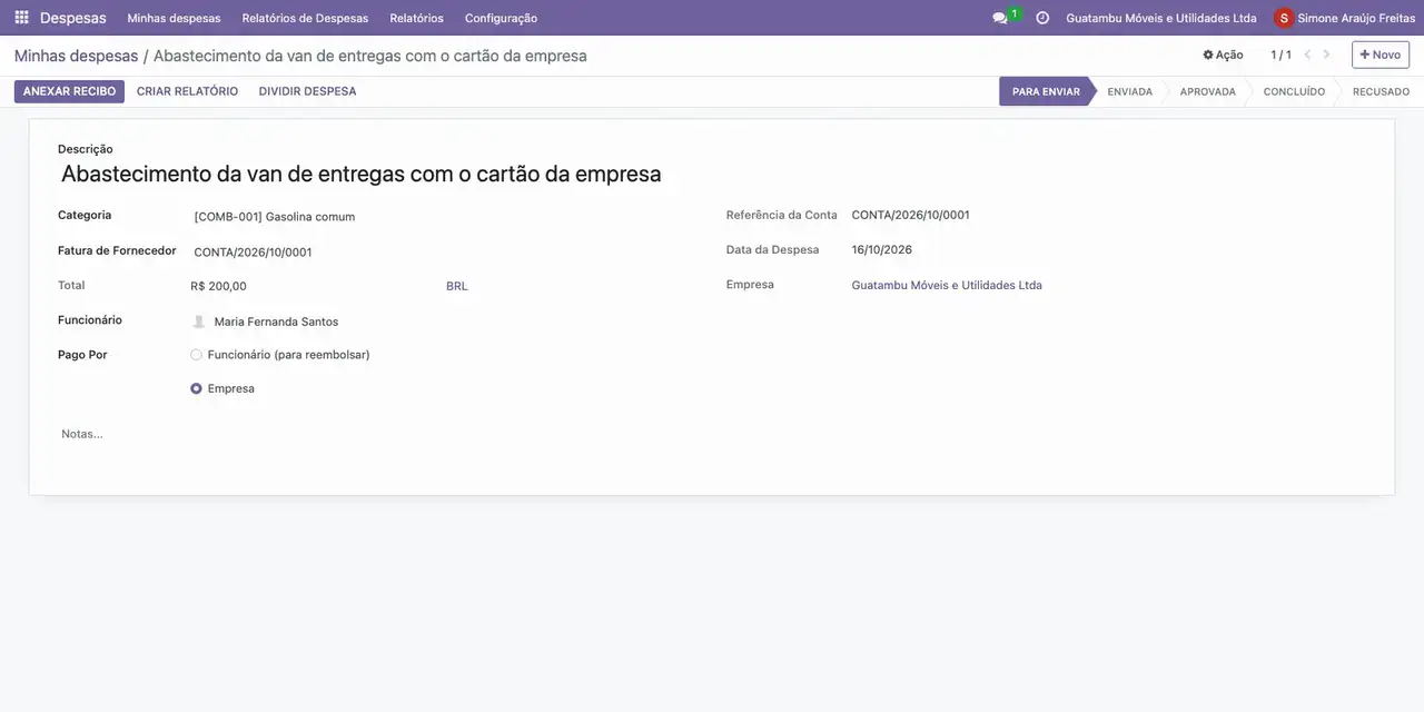 Em Pago Por, escolha Empresa, escolha a Fatura de Fornecedor do posto (200,00) e salve.