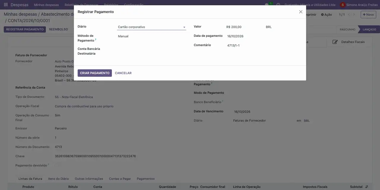 Abra Faturas no relatório e clique em Registrar pagamento: diário Cartão corporativo, 16/10/2026, 200,00.