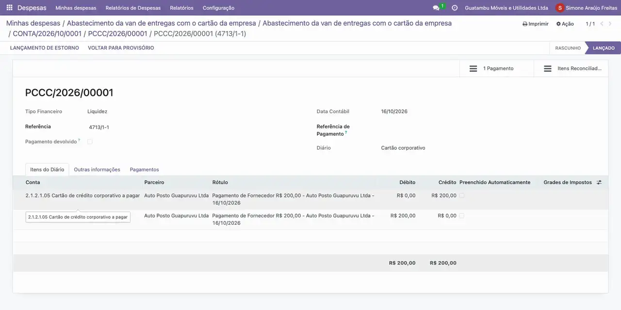 Em Pago em, abra o pagamento e o lançamento: 200,00 a crédito em Cartão de crédito corporativo a pagar.