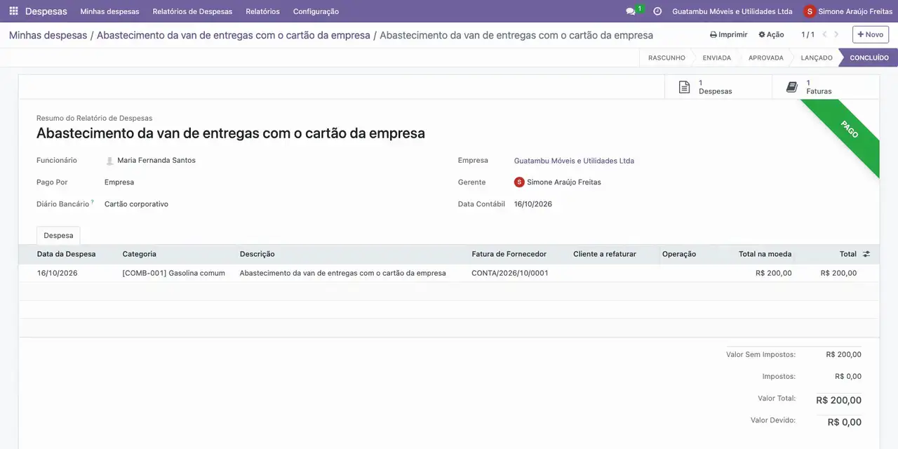 Volte ao relatório de despesas: com a fatura paga, ele mostra a etiqueta Pago.